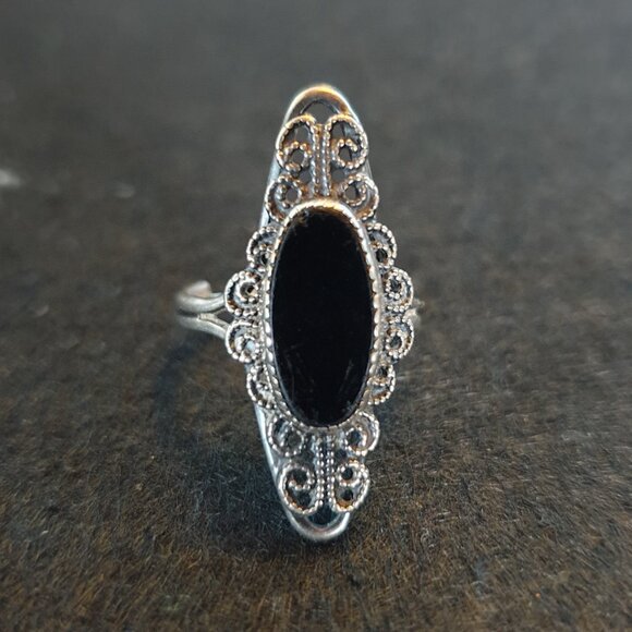 Rare Vintage 1940s Beaucraft Sterling Silver Filigree Black Onyx Adjustable Ring - Picture 7 of 12